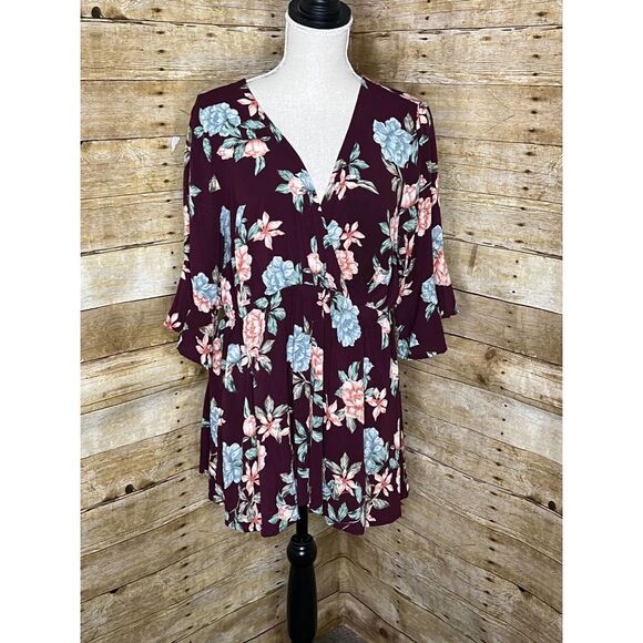 TORRID FLORAL SURPLICE FLOWY BELL SLEEVE BLOUSE CASUAL CLASSIC EVERYDAY SZ. L - Picture 1 of 4